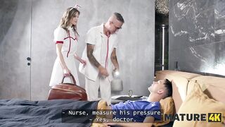 MATURE4K. Golden-haired lengthy-legged nurse is revitalising her patient with her constricted twat and oral sex
