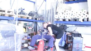 Aged Golden-haired Stretched Wide on Lawnmower with Leaking Cum