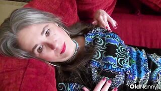 OldNanny - Aged Granny Disrobes And Toys Her Twat On Red Sofa