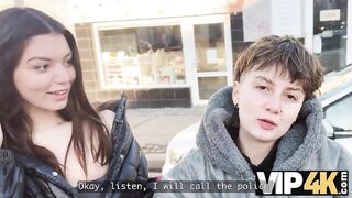 VIP4K. 2 nice-looking eighteen years old gals jumps on the Stranger's face