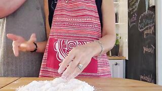Sexy wife with awesome natural boobs gets her vagina filled whilst working in the kitchen.