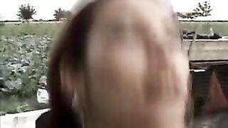 Insane bitch fucks her booty with an aged dick outdoors