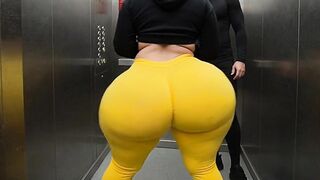 Large Booty Latin babe in Constricted Yellow Leggings Dancing in the Elevator
