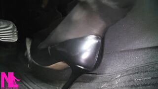Revving and Driving in Ebony Hose and Grey High Heels