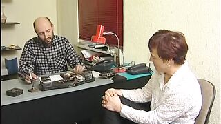 Old wench sucks a biggest dong then rides it hard in the office