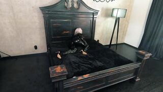 Rubber Ebony Latex Catsuit Backstage Clip, Haunch High Boots and Shiny Fetish Clothing