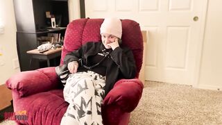 Sucking Ramrod Swallowing Huge Load Whilst Dad Works