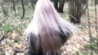 Blond in the Forest Bangs Standing up with a Stranger on Camera