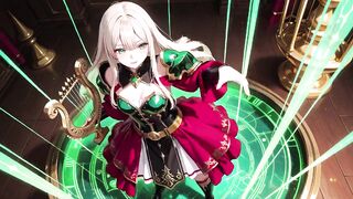 Forbidden Dream in Red & Green Armor! Blond Knight Lounges Seductively Whilst Her Silver -haired Partner Kneels to Serve