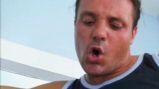 Stewardess Voids urine in Public Crapper Then Screws a Large Shlong That Cums in Throat