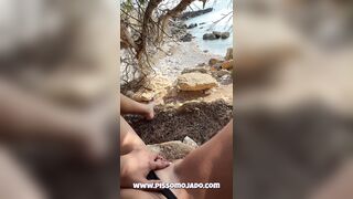 Hotty Pissing Outdoors Multiple Times: Despairing Hike With Full Bladder To A Public Beach Peeing Everywhere