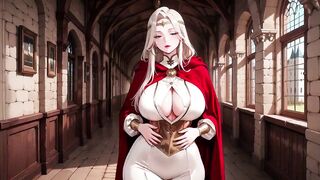 Languid Reading in a Gothic Library, White Robe and Red Cape, Hand Resting Gracefully with Half-closed Eyes.