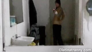Nikki Montero transgender pornstar ladies room pissing on the crapper and being stupid