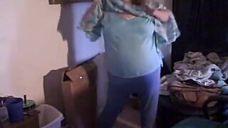 big beautiful woman redhead dancing web camera show in blue outfit