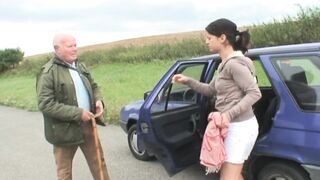 An elderly gentleman sees a youthful beauty in trouble with her