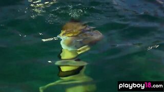 Stylish short haired chick Britt Linn goes out for a in nature's garb swim