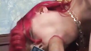 Milky skin redhead likes a hard knob pounding on the sofa