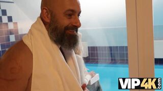 VIP4K. A Blond with a nice-looking body enjoys Sex with her Boyfriend's Dad in the Pool