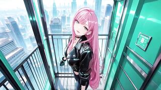 AI-generated- Pink-Haired Leather Tech! Intimate vibes in a neon-lit cyber corridor.