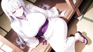 Silver-haired Miko Shrine Secrets! Half-unbuttoned White Kimono, Kneeling Positions and Intensive Eye Contact.