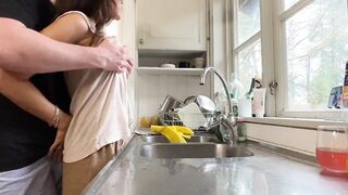 Sexually excited wife gets screwed in the kitchen during the time that doing the dishes