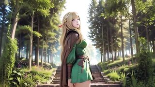 Forest Elf's Intimate Dream! Green off-shoulder Outfit, Kneeling and Arching Haunches Against a Stark White Backdrop.