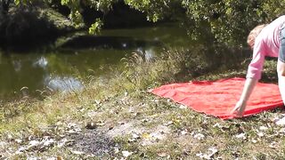 Outside, nature, by the river, bare mother I'd like to fuck has wild masturbation