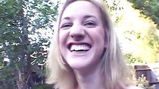 Youthful Blond Gives Some Head to Her College Teacher Outdoors