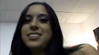 Cute brunette hair gets jizz flow after riding wang