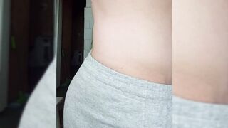 Chubby penis in gray shorts. Tugjob in the kitchen whilst preparing breakfast
