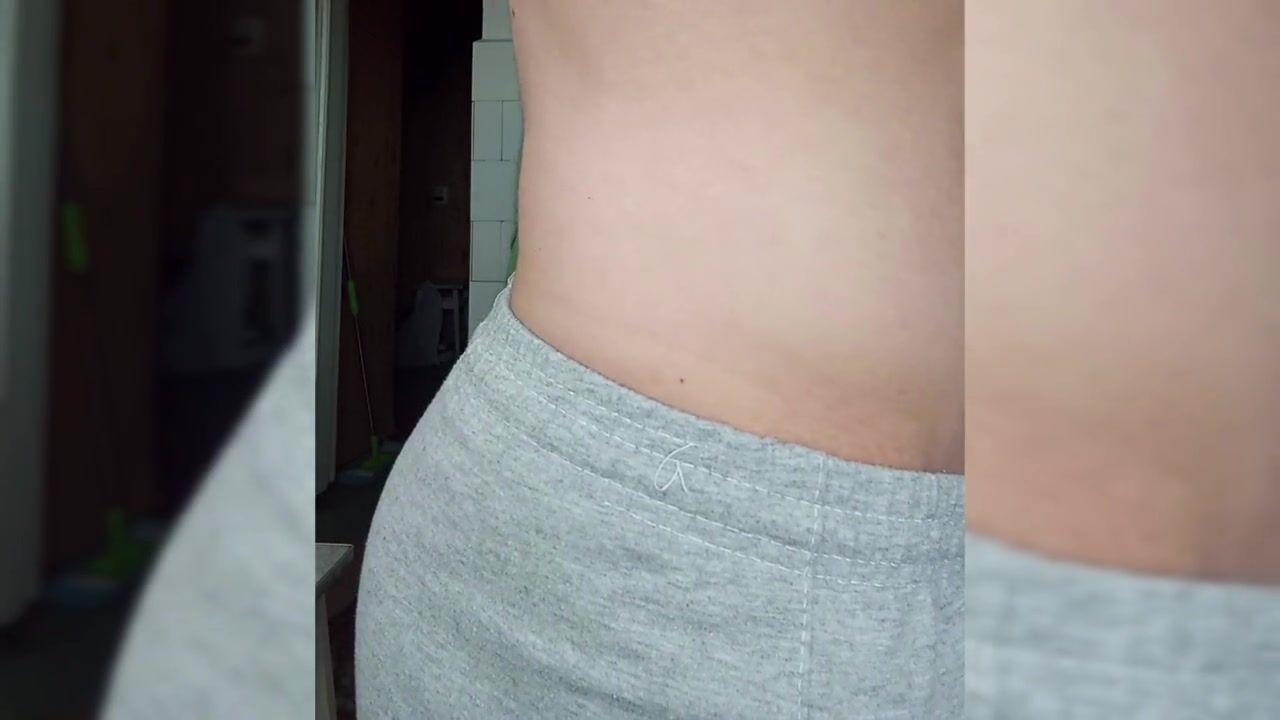 Chubby penis in gray shorts. Tugjob in the kitchen whilst preparing breakfast