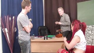 Hawt redhead gets pounded by 2 hard rods