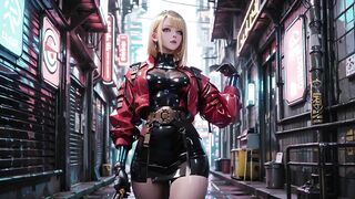 Red Leather Jacket Glistening Beneath Neon Rain, Kneeling Pose That Breaks the Armor