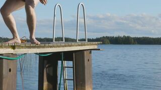 Cumming on a pier for everybody to watch