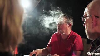 Six oldmen poker players gangabang twenty one teeny for a wager
