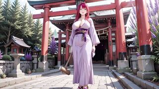 Red-haired Kimono Dominant-bitch! Kneeling Underneath the Sacred Torii Gate, This babe Adjusts Her Wet Backless Outfit with a Shy Gaze.