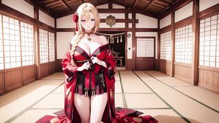 Intimate Shrine Meeting, Idle Seduction on Tatami, Revealing Full Bust Below the Open-shoulder Red Costume.