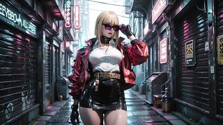 Cyber Queen's Juicy Dream! Red leather jacket glistening beneath neon rain, kneeling pose that breaks the armor