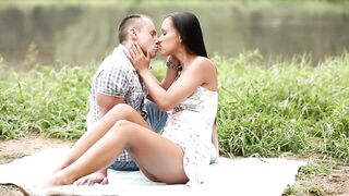 Soft banging concupiscent pair outdoor at lake