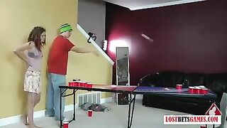 3 cuties and one dude play a game of undress beer pong