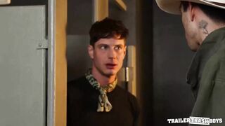 TRAILERTRASHBOYS- Cowboys Ryan Orion And Kane Fox Slides In The Washroom To Screw