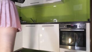 Super hawt small slim golden-haired wife in the kitchen takes off her white cotton pants when gets bored and ignored