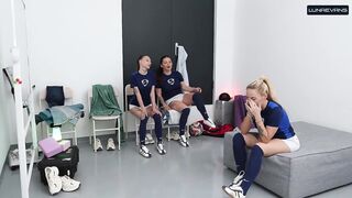 Locker Room After Football – 3 Gals Share One Ramrod & Get a Creampie