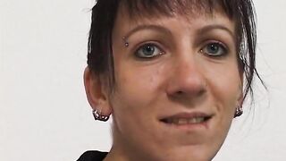 Pierced brunette hair doxy rubs her juicy pussy at the casting