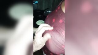 My wife cooking in mini shorts and I surprise her to touch her and suck her large natural breasts