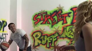 Graffiti Wall Titfuck - Breasty Blond in Ebony Nylons Rides and Gets Her Melons Screwed