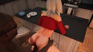 CG Art - Ebony stud screws a small golden-haired in prone bone in the butt and then plays around with her in all kinds of poses on the couch