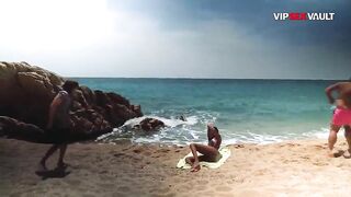 Black Playgirl Screwed Standing Against the Rocks by the Ocean