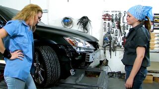 Butt Licking in the Car Garage - Golden-haired Mechanic Bows the Redhead Over the Hood