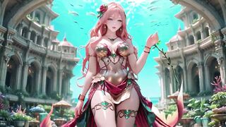 Unfathomable Sea Dream! The Pink-Haired Mermaid Queen lounges in the azure palace.